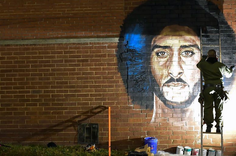Artist Fabian Williams paints a new Colin Kaepernick mural in response to his "Kaeplanta" mural being demolished on Feb 1 before Super Bowl 53 Artist Fabian Williams paints a new Colin Kaepernick mural in response to his "Kaeplanta" mural being demolished on Feb 1 before Super Bowl 53