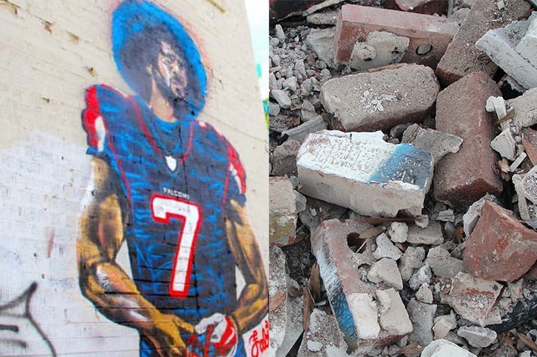 The Colin Kaepernick "Kaeplanta" mural in Atlanta, before and after demolition on the Friday before Super Bowl 53 The Colin Kaepernick "Kaeplanta" mural in Atlanta, before and after demolition on the Friday before Super Bowl 53