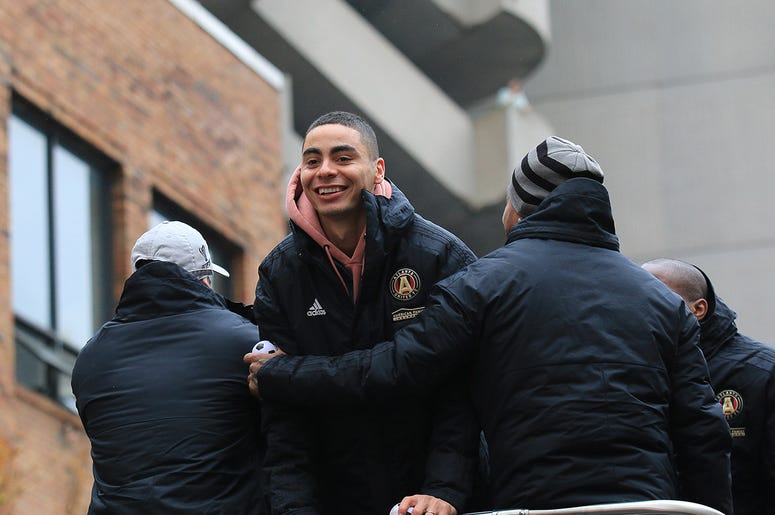 Atlanta United midfielder Miguel Almirón celebrates during victory parade Atlanta United midfielder Miguel Almirón celebrates during victory parade