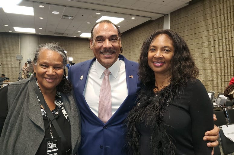 Loretta Grier Cudjoe of Macon is joined by fellow Trump supporters Bruce and Sharon Levell during the President's Atlanta visit Friday Loretta Grier Cudjoe of Macon is joined by fellow Trump supporters Bruce and Sharon Levell during the President's Atlanta visit Friday