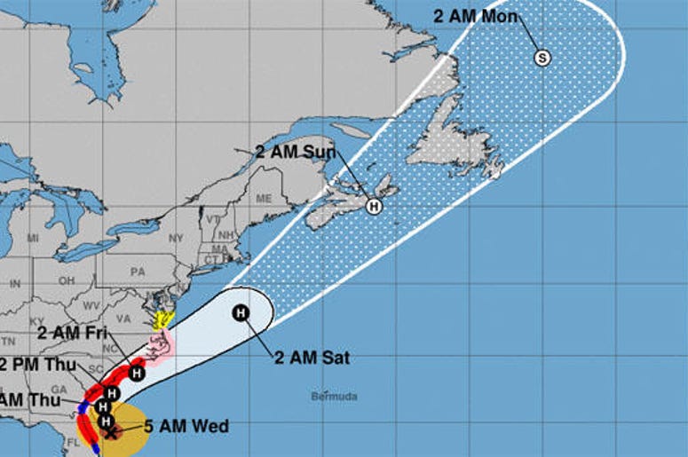 The National Hurricane Center says Dorian's core "will move dangerously close to the Florida east coast and the Georgia coast through tonight. The National Hurricane Center says Dorian's core "will move dangerously close to the Florida east coast and the Georgia coast through tonight.