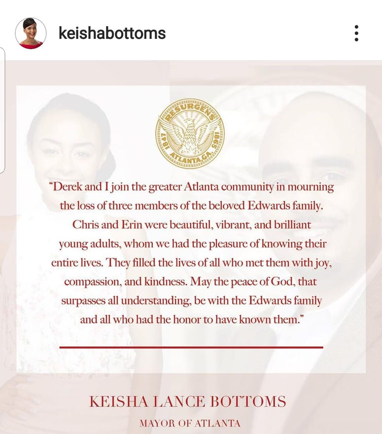 Atlanta Mayor Keisha Lance Bottoms issued a statement following the deaths of Marsha Edwards and her children Atlanta Mayor Keisha Lance Bottoms issued a statement following the deaths of Marsha Edwards and her children