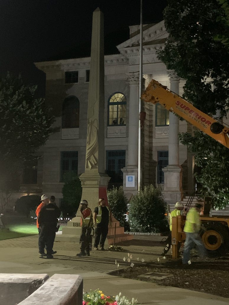 The top of the Confederate monument in Decatur Square was the first portion removed The top of the Confederate monument in Decatur Square was the first portion removed