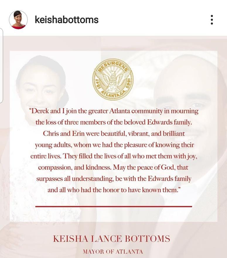 Atlanta Mayor Keisha Lance Bottoms issued a statement following the deaths of Marsha Edwards and her children Atlanta Mayor Keisha Lance Bottoms issued a statement following the deaths of Marsha Edwards and her children