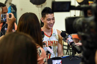 Atlanta Hawks player Jeremy Lin (7) is shown being interviewed during Hawks Media Day at the Emory Sports Medicine Complex.