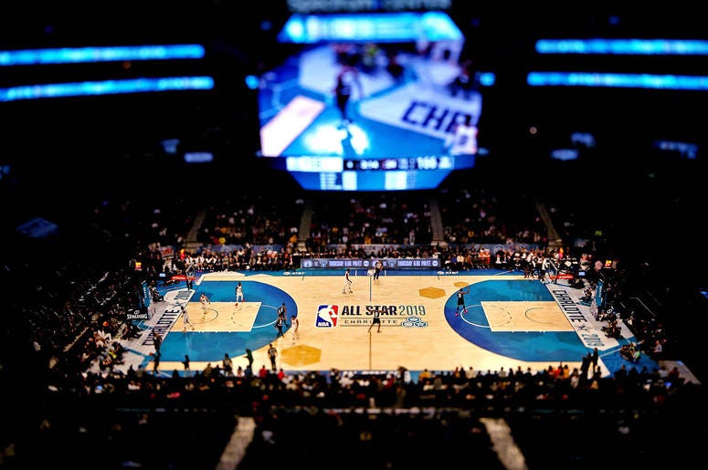 A shot of the court from the 2019 NBA All-Star Game in Charlotte, North Carolina A shot of the court from the 2019 NBA All-Star Game in Charlotte, North Carolina