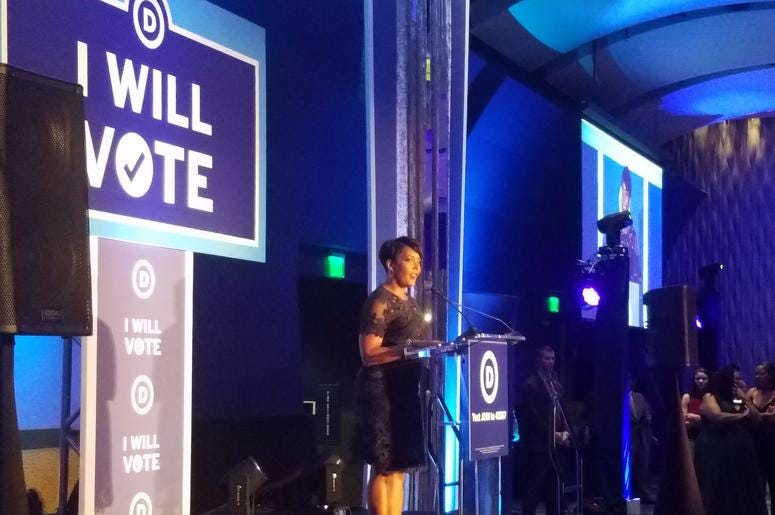 Atlanta Mayor Keisha Lance Bottoms is shown addressing a Democratic National Committee Conference in Atlanta in 2018 Atlanta Mayor Keisha Lance Bottoms is shown addressing a Democratic National Committee Conference in Atlanta in 2018