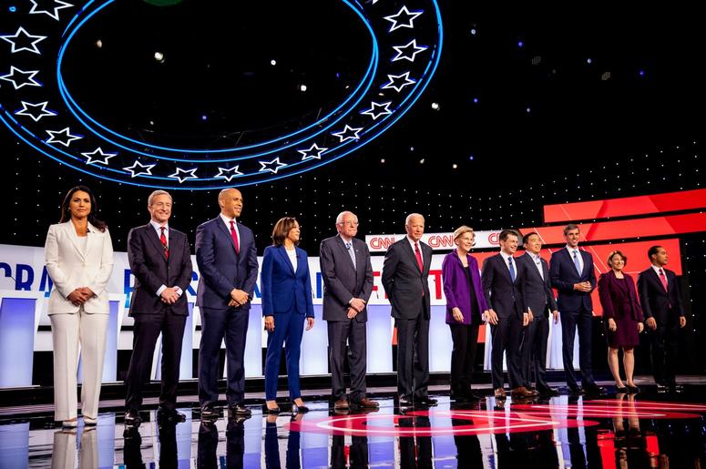 Democratic presidential candidates Hawaii Rep. Tulsi Gabbard, businessman Tom Steyer, New Jersey Sen. Corey Booker, California Sen. Kamala Harris, Vermont Sen. Bernie Sanders, former Vice President Joe Biden, Massachusetts Sen. Elizabeth Warren, South Ben Democratic presidential candidates Hawaii Rep. Tulsi Gabbard, businessman Tom Steyer, New Jersey Sen. Corey Booker, California Sen. Kamala Harris, Vermont Sen. Bernie Sanders, former Vice President Joe Biden, Massachusetts Sen. Elizabeth Warren, South Ben