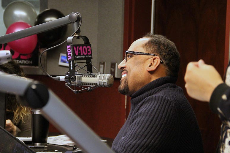 Frank Ski smiles during the first broadcast of V-103's new morning show The Morning Culture Frank Ski smiles during the first broadcast of V-103's new morning show The Morning Culture