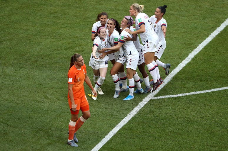 Rose Lavelle of the USA celebrates with teammates after scoring her team's second goal during the 2019 FIFA Women's World Cup France Final match between The United States of America and The Netherlands at Stade de Lyon on July 07, 2019 in Lyon, France Rose Lavelle of the USA celebrates with teammates after scoring her team's second goal during the 2019 FIFA Women's World Cup France Final match between The United States of America and The Netherlands at Stade de Lyon on July 07, 2019 in Lyon, France