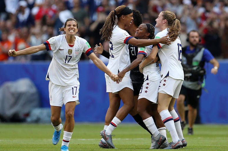 Tobin Heath of the USA celebrates with teammates following the 2019 FIFA Women's World Cup France Final match between The United States of America and The Netherlands at Stade de Lyon on July 07, 2019 in Lyon, France Tobin Heath of the USA celebrates with teammates following the 2019 FIFA Women's World Cup France Final match between The United States of America and The Netherlands at Stade de Lyon on July 07, 2019 in Lyon, France