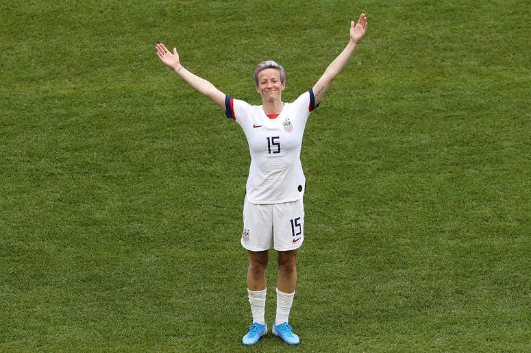 Megan Rapinoe of the USA celebrates with teammates after scoring her team's first goal during the 2019 FIFA Women's World Cup France Final match between The United States of America and The Netherlands at Stade de Lyon on July 07, 2019 in Lyon, France. Megan Rapinoe of the USA celebrates with teammates after scoring her team's first goal during the 2019 FIFA Women's World Cup France Final match between The United States of America and The Netherlands at Stade de Lyon on July 07, 2019 in Lyon, France.