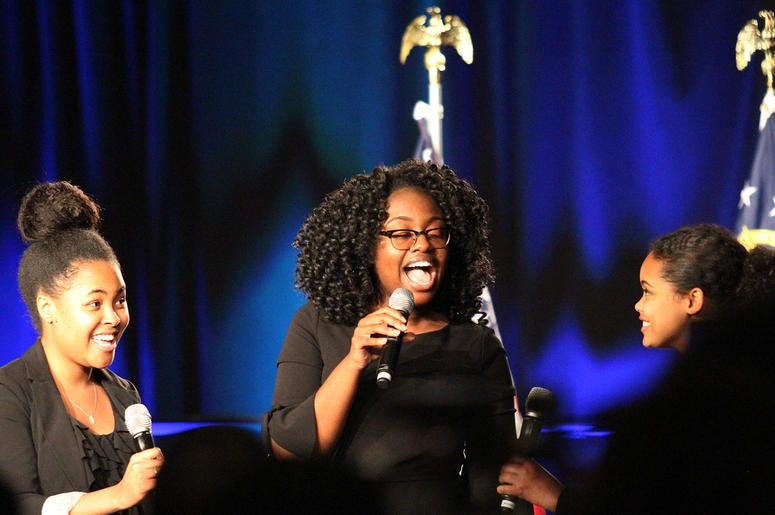 Students sing "Lift Every Voice and Sing" at Stacey Abrams' election night campaign party Students sing "Lift Every Voice and Sing" at Stacey Abrams' election night campaign party