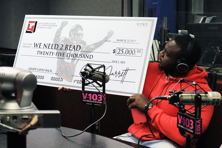 Greg Street receives $25,000 donation from Atlanta Falcons player Grady Jarrett for his We Need 2 Read program Greg Street receives $25,000 donation from Atlanta Falcons player Grady Jarrett for his We Need 2 Read program