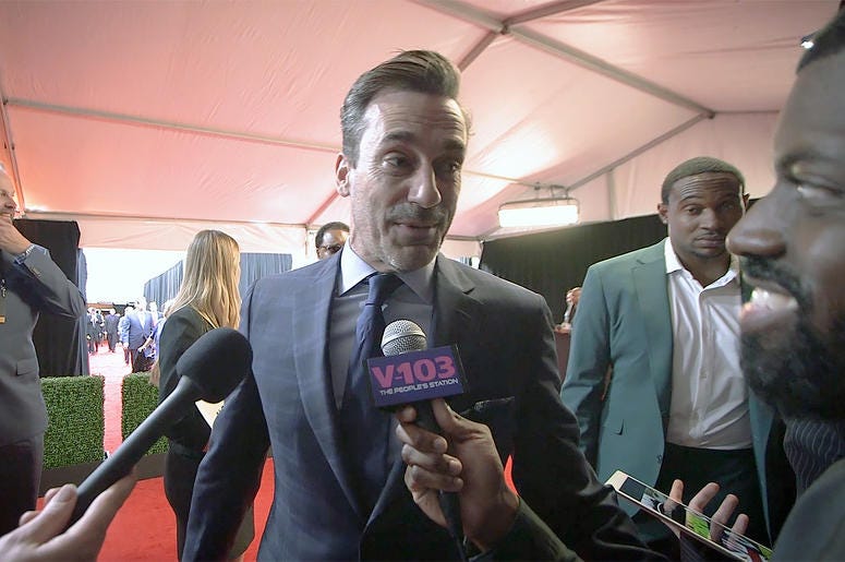 JR of The Morning Culture interviews Jon Hamm on the red carpet at the NFL Honors on Feb 2, 2019 JR of The Morning Culture interviews Jon Hamm on the red carpet at the NFL Honors on Feb 2, 2019