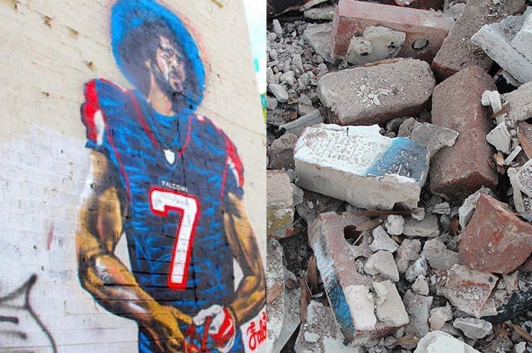 The Colin Kaepernick "Kaeplanta" mural in Atlanta, before and after demolition on the Friday before Super Bowl 53 The Colin Kaepernick "Kaeplanta" mural in Atlanta, before and after demolition on the Friday before Super Bowl 53