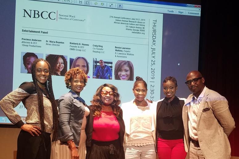 NBCC Entertainment panel Thursday (l-r) Radio host Sheriese Nicole, Attorney Kimberly Haynes, V103 Atlanta's Maria Boynton, Att. Bernie Lawrence-watkins, Att Precious Anderson, and Craig King with Rapplug NBCC Entertainment panel Thursday (l-r) Radio host Sheriese Nicole, Attorney Kimberly Haynes, V103 Atlanta's Maria Boynton, Att. Bernie Lawrence-watkins, Att Precious Anderson, and Craig King with Rapplug