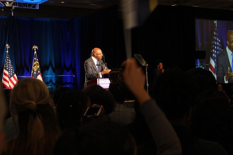 Reverend Raphael Warnock of Ebenezer Baptist Church speaks to crowd at Stacey Abrams' election night campaign party Reverend Raphael Warnock of Ebenezer Baptist Church speaks to crowd at Stacey Abrams' election night campaign party