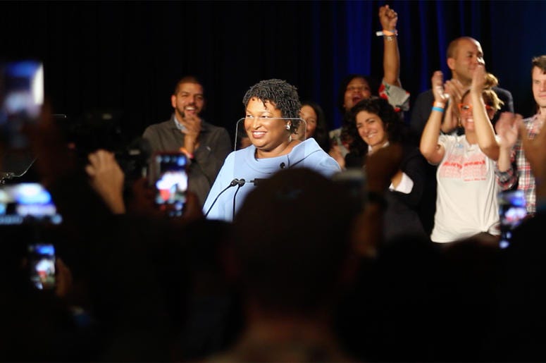 Stacey Abrams greets supporters at her election night campaign party Stacey Abrams greets supporters at her election night campaign party