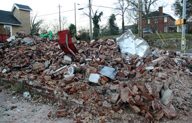 The pile of bricks that were once Fabian Williams' "Kaeplanta" mural on the corner of Fair St. and Joseph E. Lowery Blvd. The pile of bricks that were once Fabian Williams' "Kaeplanta" mural on the corner of Fair St. and Joseph E. Lowery Blvd.