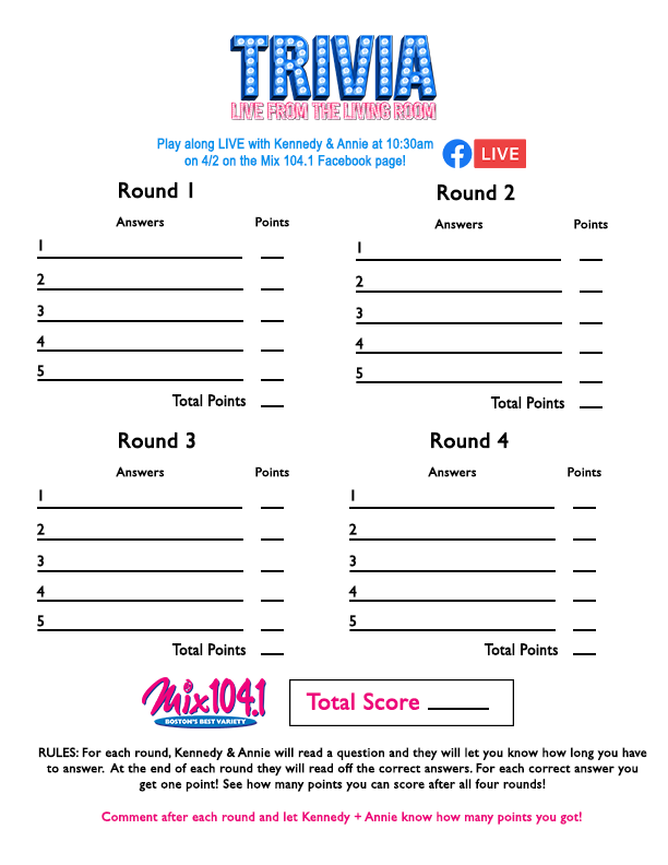 Trivia Live From The Living Room Sheet Trivia Live From The Living Room Sheet