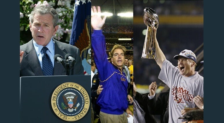 L-R: President George W. Bush (Alex Wong/Getty Images), Nick Saban (Jamie Squire/Getty Images), John Gruden (Donald Miralle/Getty Images) President George W. Bush, Nick Saban, John Gruden