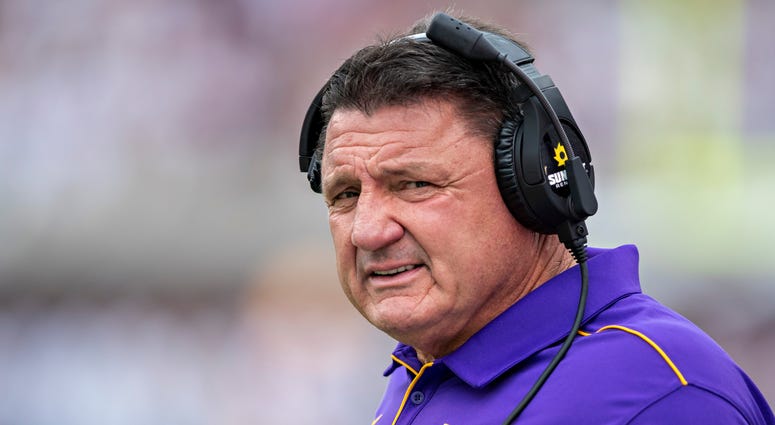 STARKVILLE, MS - OCTOBER 19: Head Coach Ed Orgeron of the LSU Tigers on the sidelines during a game against the Mississippi State Bulldogs at Davis Wade Stadium on October 19, 2019 in Starkville, Mississippi. (Photo by Wesley Hitt/Getty Images)