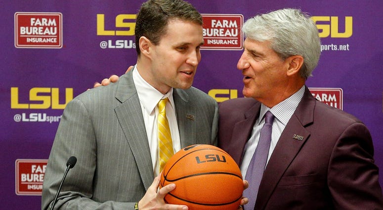Mar 22, 2017; Baton Rouge, LA, USA; LSU Tigers athletic director Joe Alleva introduces new basketball head coach Will Wade during a press conference at the LSU Student Union. Mar 22, 2017; Baton Rouge, LA, USA; LSU Tigers athletic director Joe Alleva introduces new basketball head coach Will Wade during a press conference at the LSU Student Union.
