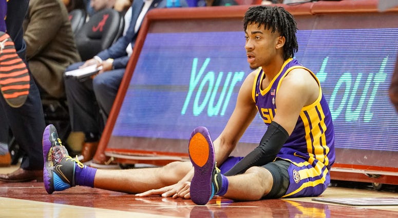 Feb 15, 2020; Tuscaloosa, Alabama, USA; LSU Tigers forward Trendon Watford (2) waits to enter the game in during the second half against Alabama Crimson Tide at Coleman Coliseum. LSU vs Alabama