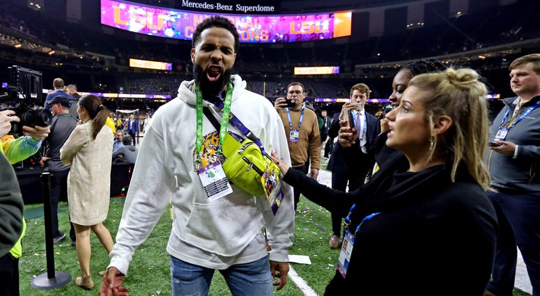 Jan 13, 2020; New Orleans, Louisiana, USA; Cleveland Browns wide receiver Odell Beckham Jr. celebrates after the LSU Tigers beat the Clemson Tigers in the College Football Playoff national championship game at Mercedes-Benz Superdome. Odell Beckham Jr.