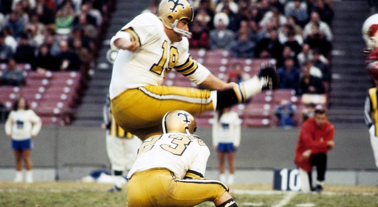 Nov 2, 1969; St. Louis, MO, USA; FILE PHOTO; New Orleans Saints kicker Tom Dempsey (19) in action against the St. Louis Cardinals at Busch Stadium. Mandatory Credit: Herb Weitman-USA TODAY Sports Tom Dempsey
