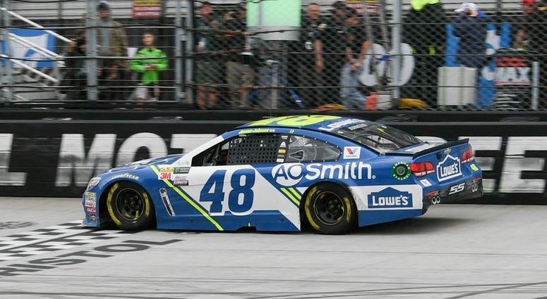 Apr 24, 2017; Bristol, TN, USA; NASCAR Cup Series driver Jimmie Johnson (48) wins the Food City 500 at Bristol Motor Speedway. Apr 24, 2017; Bristol, TN, USA; NASCAR Cup Series driver Jimmie Johnson (48) wins the Food City 500 at Bristol Motor Speedway.