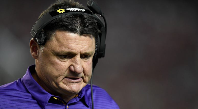 Nov 4, 2017; Tuscaloosa, AL, USA; LSU Tigers head coach Ed Orgeron walks back to the sidelines after a time out against the Alabama Crimson Tide during the first quarter at Bryant-Denny Stadium Nov 4, 2017; Tuscaloosa, AL, USA; LSU Tigers head coach Ed Orgeron walks back to the sidelines after a time out against the Alabama Crimson Tide during the first quarter at Bryant-Denny Stadium