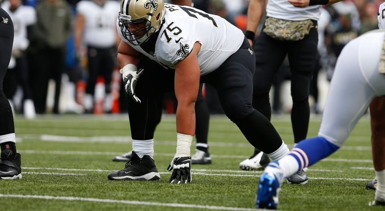 Nov 12, 2017; Orchard Park, NY, USA; New Orleans Saints offensive guard Andrus Peat (75) against the Buffalo Bills at New Era Field. Nov 12, 2017; Orchard Park, NY, USA; New Orleans Saints offensive guard Andrus Peat (75) against the Buffalo Bills at New Era Field.