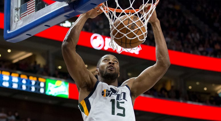 Dec 1, 2017; Salt Lake City, UT, USA; Utah Jazz forward Derrick Favors (15) dunks the ball during the second half against the New Orleans Pelicans at Vivint Smart Home Arena. Dec 1, 2017; Salt Lake City, UT, USA; Utah Jazz forward Derrick Favors (15) dunks the ball during the second half against the New Orleans Pelicans at Vivint Smart Home Arena.