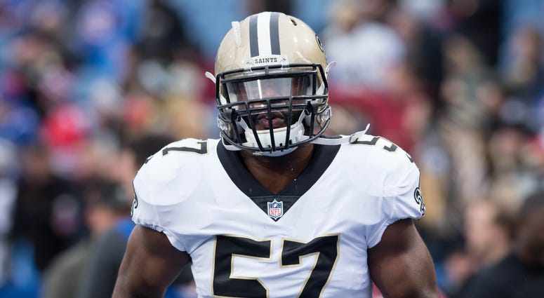 Nov 12, 2017; Orchard Park, NY, USA; New Orleans Saints defensive end Alex Okafor (57) on the field prior to a game against the Buffalo Bills at New Era Field. Nov 12, 2017; Orchard Park, NY, USA; New Orleans Saints defensive end Alex Okafor (57) on the field prior to a game against the Buffalo Bills at New Era Field.