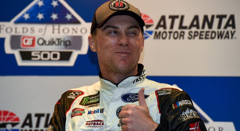 Feb 25, 2018; Hampton, GA, USA; Monster Energy NASCAR Cup Series driver Kevin Harvick (4) reacts to a question while talking with media after winning the Folds of Honor QuikTrip 500 at Atlanta Motor Speedway. Feb 25, 2018; Hampton, GA, USA; Monster Energy NASCAR Cup Series driver Kevin Harvick (4) reacts to a question while talking with media after winning the Folds of Honor QuikTrip 500 at Atlanta Motor Speedway.