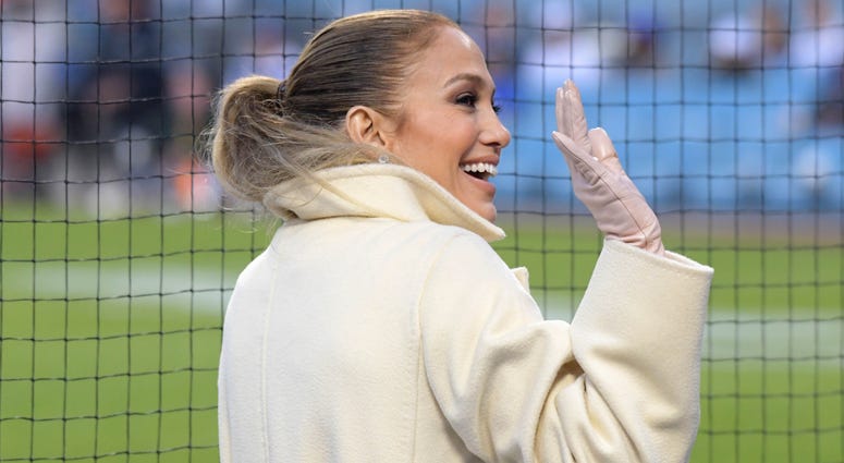 Recording artist Jennifer Lopez attends a MLB baseball game between the San Francisco Giants and the Los Angeles Dodgers at Dodger Stadium.