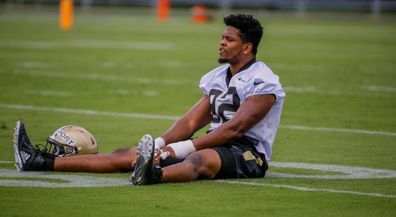 Jun 12, 2018; Metairie, LA, USA; New Orleans Saints defensive end Marcus Davenport (92) participates in drills during minicamp at the Ochsner Sports Performance Center. Jun 12, 2018; Metairie, LA, USA; New Orleans Saints defensive end Marcus Davenport (92) participates in drills during minicamp at the Ochsner Sports Performance Center.