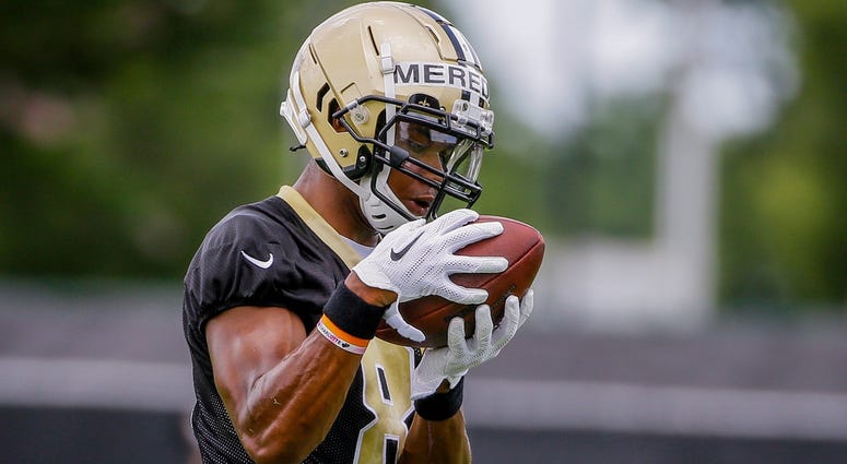 Jun 12, 2018; Metairie, LA, USA; New Orleans Saints wide receiver Cameron Meredith (81) participates in drills during minicamp at the Ochsner Sports Performance Center. Jun 12, 2018; Metairie, LA, USA; New Orleans Saints wide receiver Cameron Meredith (81) participates in drills during minicamp at the Ochsner Sports Performance Center.