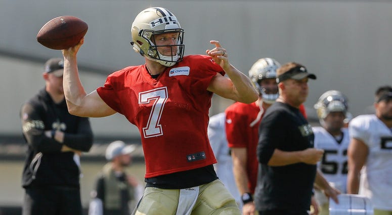 Jul 28, 2018; Metairie, LA, USA; New Orleans Saints quarterback Taysom Hill (7) during training camp at New Orleans Saints Training Facility. Jul 28, 2018; Metairie, LA, USA; New Orleans Saints quarterback Taysom Hill (7) during training camp at New Orleans Saints Training Facility.