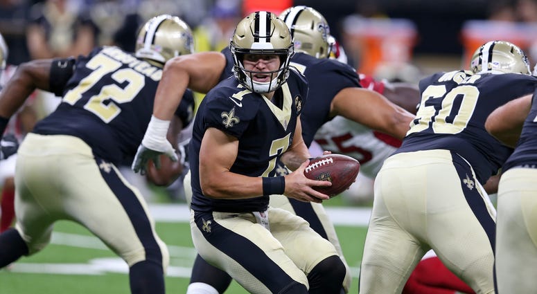 Aug 17, 2018; New Orleans, LA, USA; New Orleans Saints quarterback Taysom Hill (7) during the first quarter against the Arizona Cardinals at the Mercedes-Benz Superdome. Aug 17, 2018; New Orleans, LA, USA; New Orleans Saints quarterback Taysom Hill (7) during the first quarter against the Arizona Cardinals at the Mercedes-Benz Superdome.