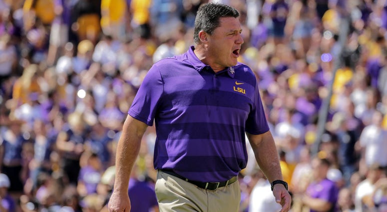 Oct 13, 2018; Baton Rouge, LA, USA; LSU Tigers head coach Ed Orgeron prior to kickoff against the Georgia Bulldogs at Tiger Stadium. Oct 13, 2018; Baton Rouge, LA, USA; LSU Tigers head coach Ed Orgeron prior to kickoff against the Georgia Bulldogs at Tiger Stadium.