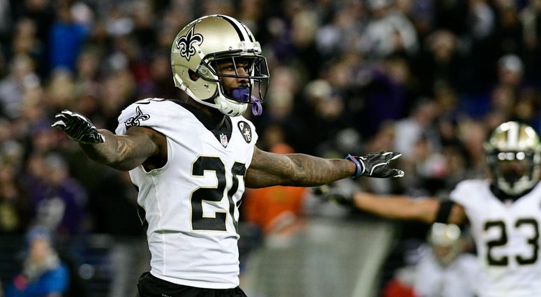 New Orleans Saints cornerback Ken Crawley (20) reacts after the play during the fourth quarter against the Baltimore Ravens at M&T Bank Stadium.
