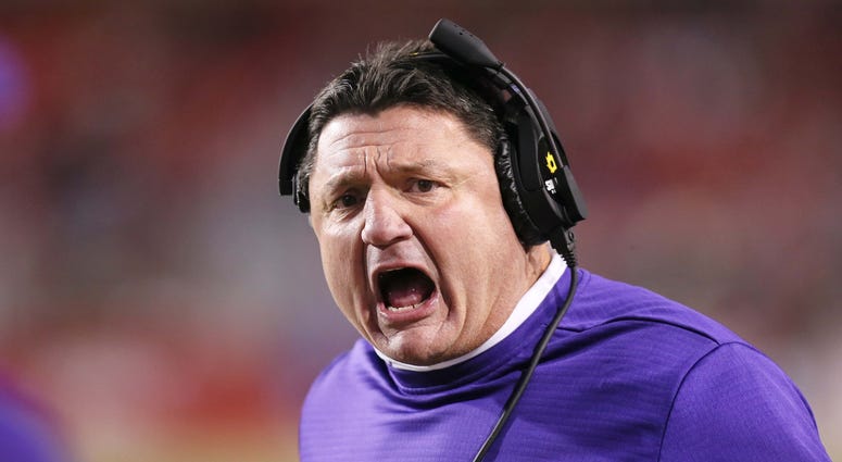 Nov 10, 2018; Fayetteville, AR, USA; LSU Tigers head coach Ed Orgeron shouts to his team during the second half against the Arkansas Razorbacks at Donald W. Reynolds Razorback Stadium. LSU won 24-17. Nov 10, 2018; Fayetteville, AR, USA; LSU Tigers head coach Ed Orgeron shouts to his team during the second half against the Arkansas Razorbacks at Donald W. Reynolds Razorback Stadium. LSU won 24-17.