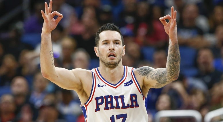 Nov 14, 2018; Orlando, FL, USA; Philadelphia 76ers guard JJ Redick (17) signals after a three-point basket during the second half against the Orlando Magic at Amway Center. Nov 14, 2018; Orlando, FL, USA; Philadelphia 76ers guard JJ Redick (17) signals after a three-point basket during the second half against the Orlando Magic at Amway Center.