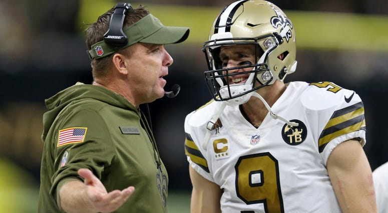 Nov 18, 2018; New Orleans, LA, USA; New Orleans Saints head coach Sean Payton and quarterback Drew Brees (9) on the sidelines in the fourth quarter against the Philadelphia Eagles at the Mercedes-Benz Superdome Nov 18, 2018; New Orleans, LA, USA; New Orleans Saints head coach Sean Payton and quarterback Drew Brees (9) on the sidelines in the fourth quarter against the Philadelphia Eagles at the Mercedes-Benz Superdome