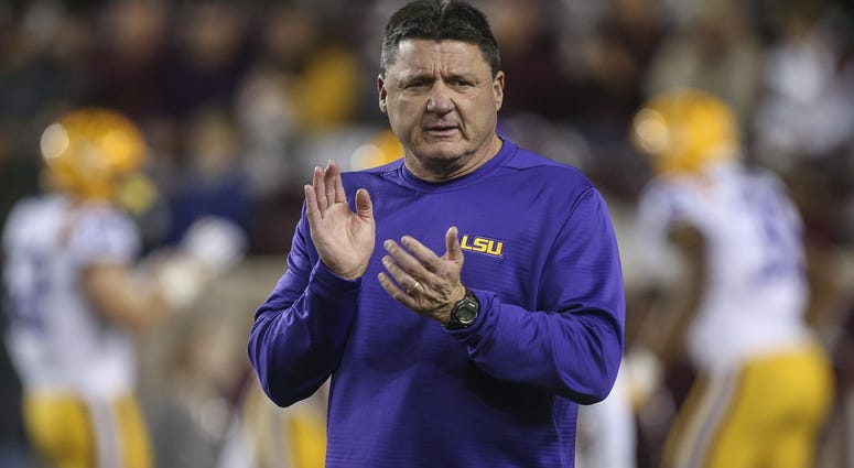 Nov 24, 2018; College Station, TX, USA; LSU Tigers head coach Ed Orgeron watches during practice before a game against the Texas A&M Aggies at Kyle Field. Nov 24, 2018; College Station, TX, USA; LSU Tigers head coach Ed Orgeron watches during practice before a game against the Texas A&M Aggies at Kyle Field.