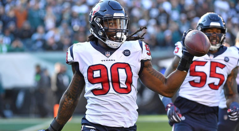 Dec 23, 2018; Philadelphia, PA, USA; Houston Texans outside linebacker Jadeveon Clowney (90) celebrates after recovering fumble against the Philadelphia Eagles during the second quarter at Lincoln Financial Field. Dec 23, 2018; Philadelphia, PA, USA; Houston Texans outside linebacker Jadeveon Clowney (90) celebrates after recovering fumble against the Philadelphia Eagles during the second quarter at Lincoln Financial Field.