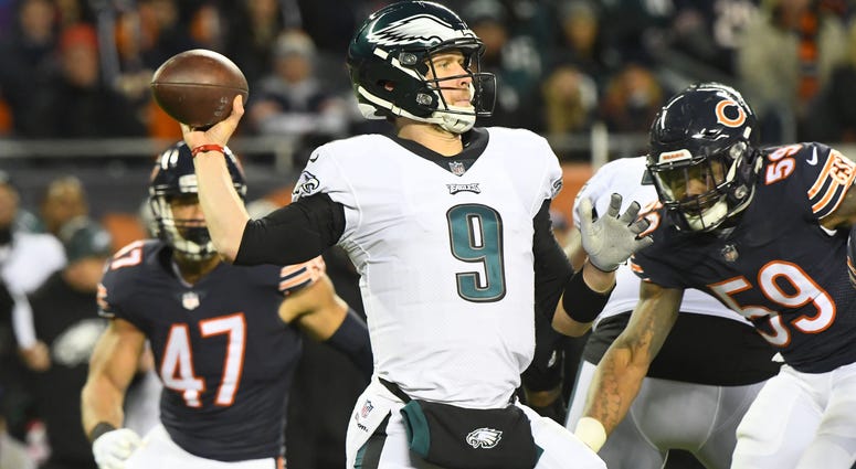 Jan 6, 2019; Chicago, IL, USA; Philadelphia Eagles quarterback Nick Foles (9) throws a pass against the Chicago Bears in the first half of a NFC Wild Card playoff football game at Soldier Field. Jan 6, 2019; Chicago, IL, USA; Philadelphia Eagles quarterback Nick Foles (9) throws a pass against the Chicago Bears in the first half of a NFC Wild Card playoff football game at Soldier Field.
